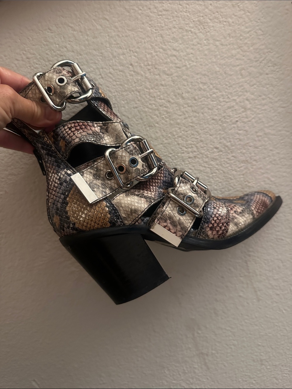 Snakeskin Buckle Block Heel Ankle Boot - Women